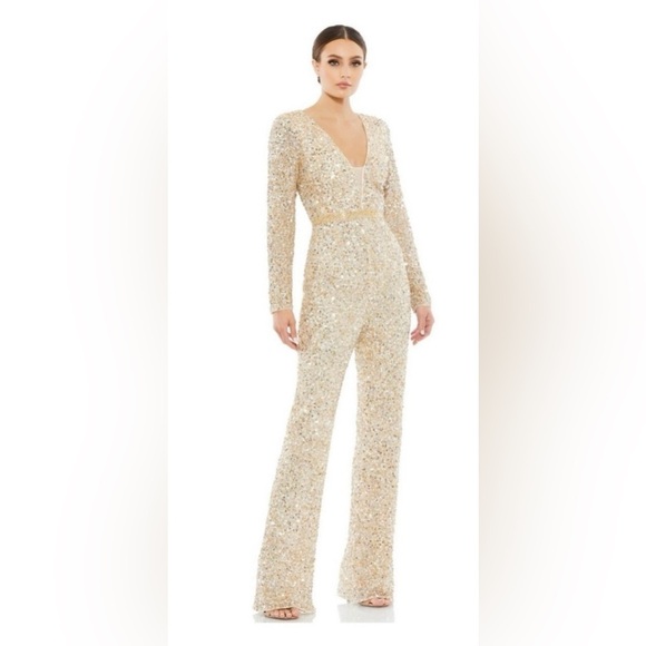 Mac Duggal 5411 NWT Long-Sleeve Sequin Jumpsuit - Picture 1 of 11